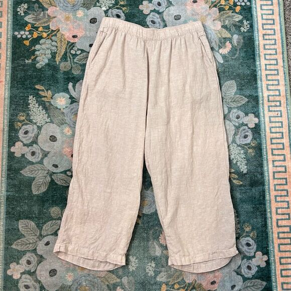 Cynthia Rowley XL Linen Pants Wide Leg Pull On Elastic Beige Cropped Ankle Women - Picture 11 of 12